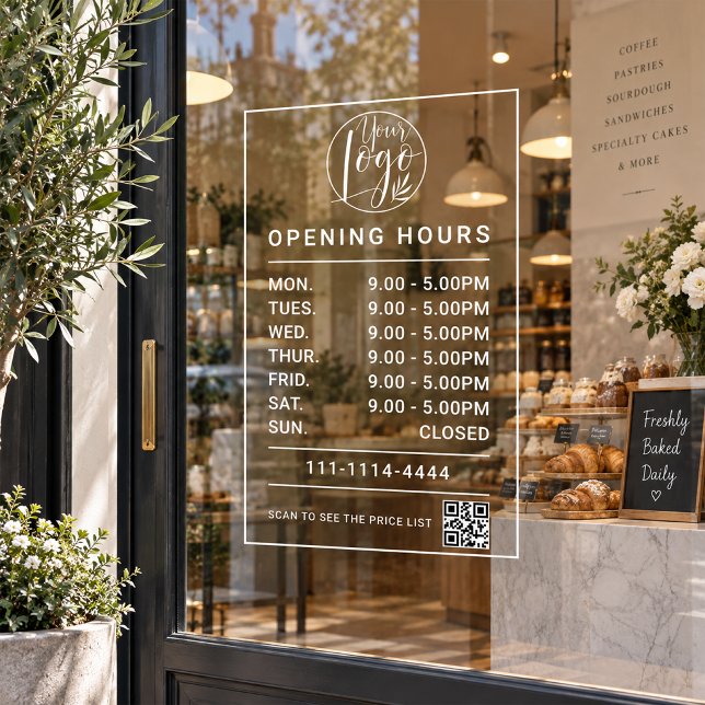 Minimal Business opening hours logo and qr code Window Cling (Minimal Business opening hours logo and qr code Window Cling)