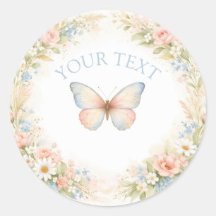 Minimal Butterfly Floral Wreath Classic Round Sticker