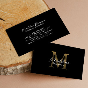 Minimal Calligraphy Black Metallic Gold Monogram Business Card