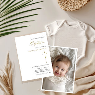 Minimal Calligraphy Gold Infant Baptism Photo Invitation