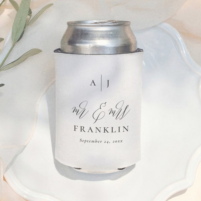 Minimal Calligraphy Mr & Mrs Monogram Wedding Can Cooler (Creator Uploaded)