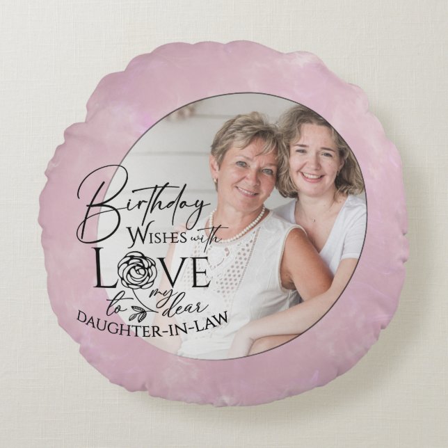 Minimal Calligraphy Photo Birthday Daughter-in-law Round Cushion (Front)