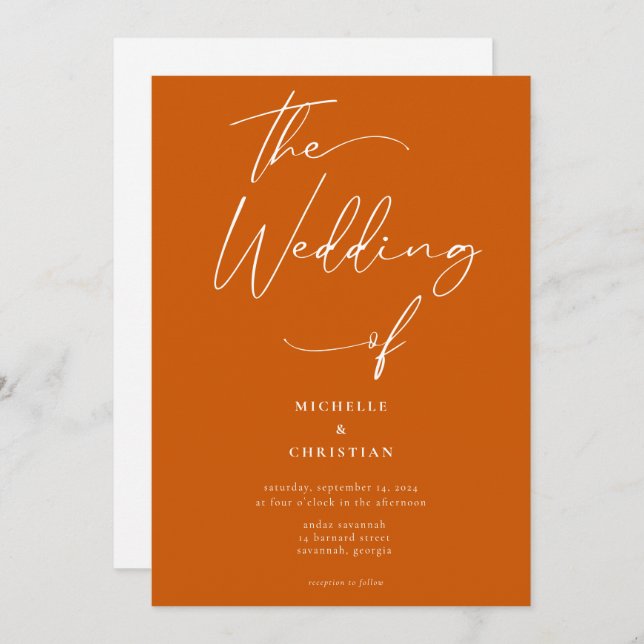 Minimal Calligraphy Script Burnt Orange Wedding Invitation (Front/Back)