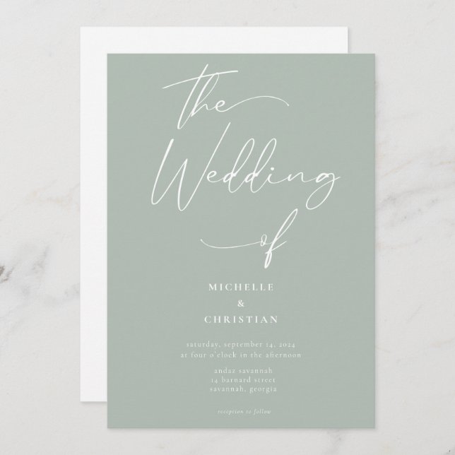 Minimal Calligraphy Solid Light Sage Wedding  Invitation (Front/Back)