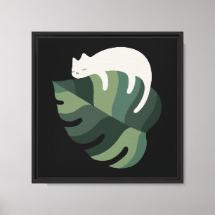 Minimal cat and monstera leaf canvas print