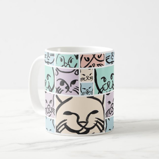 Minimal Cats Line Art Collage Coffee Mug (Front Left)