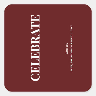 Minimal CELEBRATE   Deep Red Holiday Square Sticker