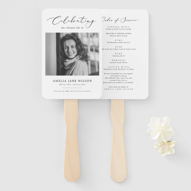 Minimal Celebration Of Life Photo Funeral Memorial Hand Fan (Front and Back)