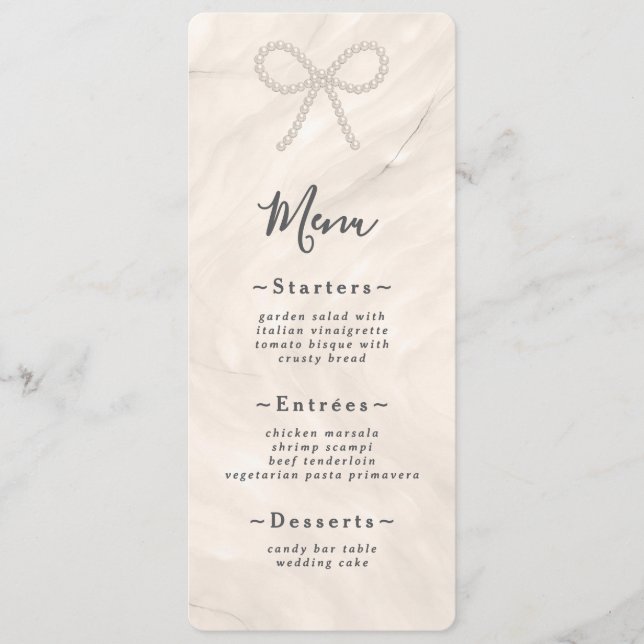 Minimal Champagne Pearl Bow Wedding Reception Menu (Front)
