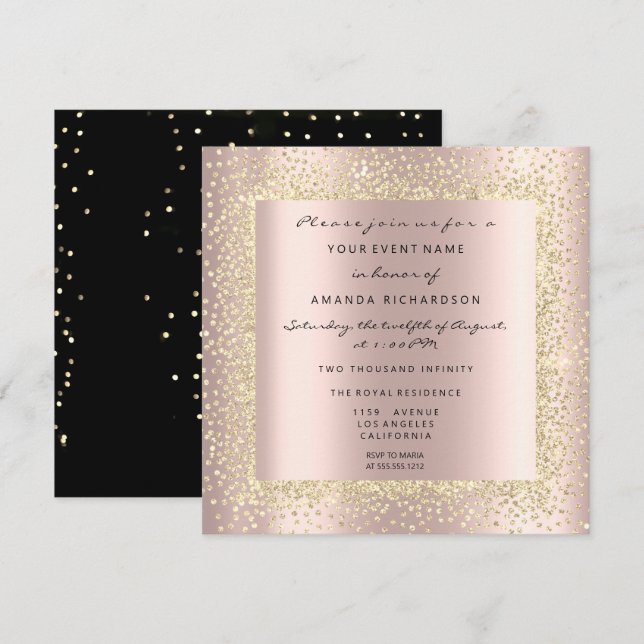 Minimal Champaigne Gold Black Confetti Rose Blush Invitation (Front/Back)
