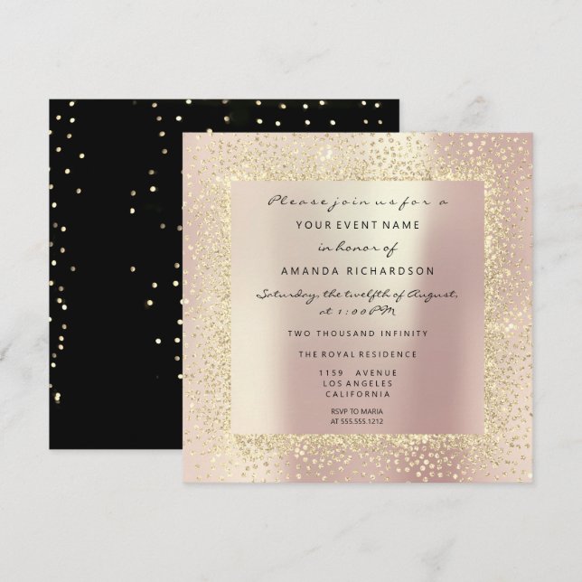 Minimal Champaigne Gold Black Confetti Rose Blush Invitation (Front/Back)