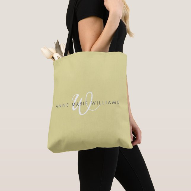 Minimal Chartreuse White Script Monogram Tote Bag (Close Up)