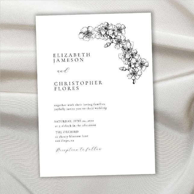 Minimal Cherry Blossom Sketch Botanical BW Wedding Invitation (Creator Uploaded)