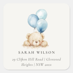 Minimal Chic Blue Bearly Wait Balloon Address Square Sticker