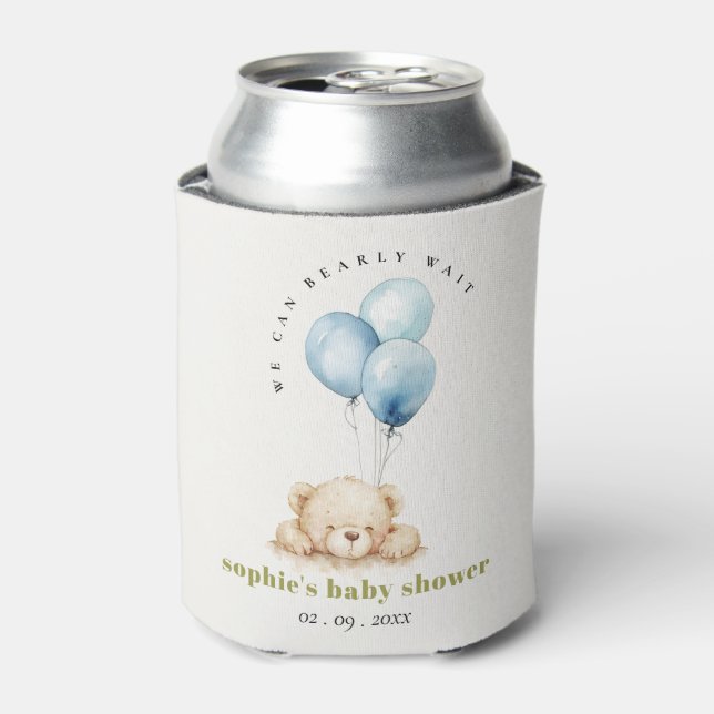 Minimal Chic Blue Bearly Wait Balloon Baby Shower Can Cooler (Can Front)
