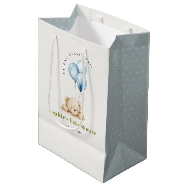 Minimal Chic Blue Bearly Wait Balloon Baby Shower Medium Gift Bag (Front Angled)
