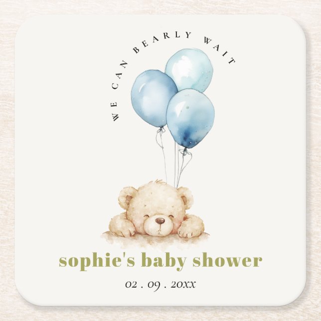 Minimal Chic Blue Bearly Wait Balloon Baby Shower Square Paper Coaster (Front)