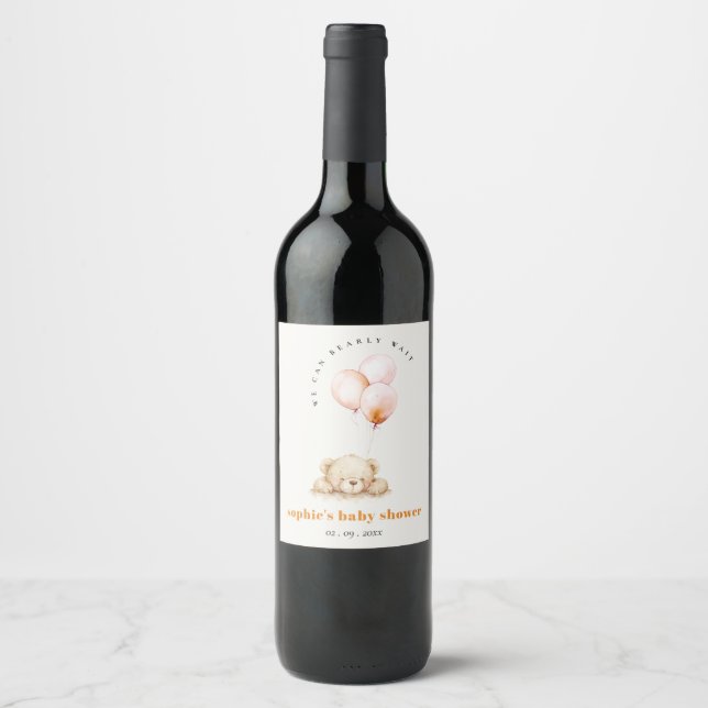 Minimal Chic Blush Bearly Wait Balloon Baby Shower Wine Label (Front)