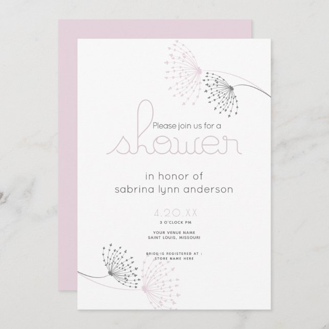 Minimal Chic Blush Pink and Charcoal  Flowers Invitation (Front/Back)