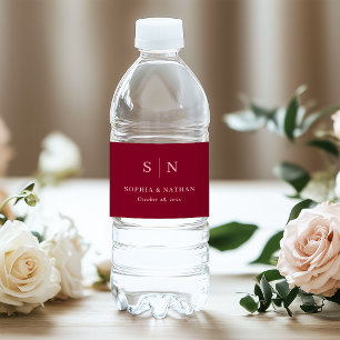 Minimal Chic Burgundy and Pink Monogram Wedding Water Bottle Label