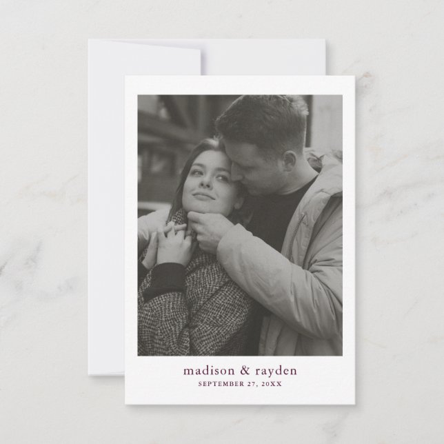 Minimal Chic Burgundy Wine Monogram Photo Wedding Thank You Card (Front)