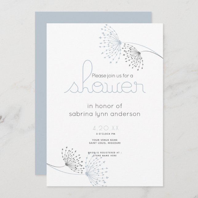 Minimal Chic Dusty Blue and Charcoal  Flowers Invitation (Front/Back)