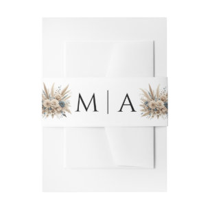 Minimal Chic Dusty Blue White Monogram Pampas Gras Invitation Belly Band