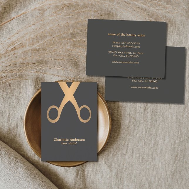 Minimal Chic Grey Faux Gold Scissor Hair Stylist Business Card (Creator Uploaded)