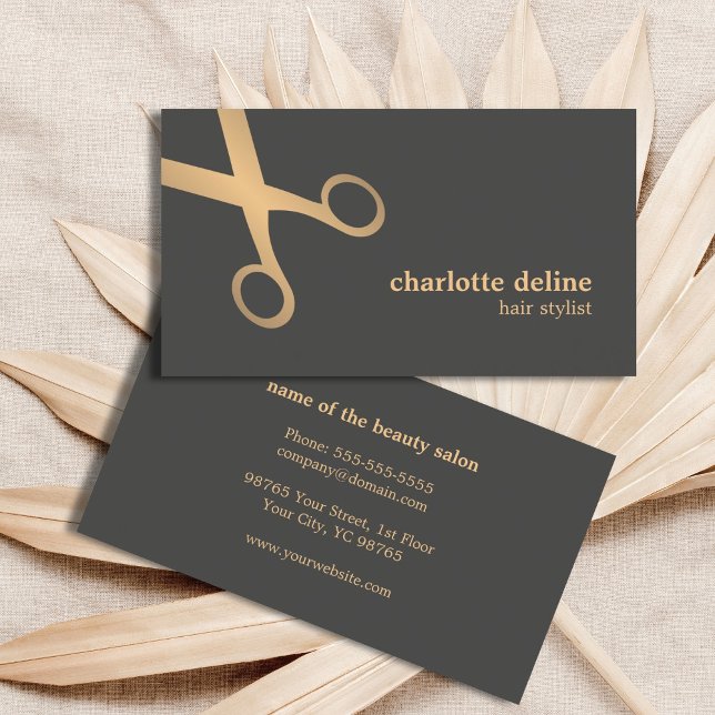 Minimal Chic Grey Faux Gold Scissor Hair Stylist Business Card (Creator Uploaded)