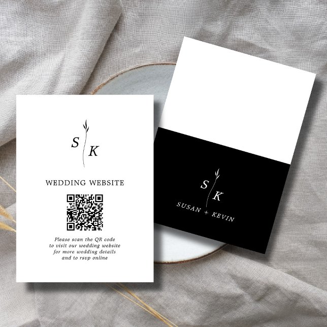 Minimal Chic Leaf Monogram Wedding Website QR Code Enclosure Card (Creator Uploaded)