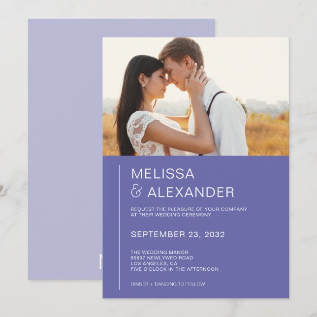 Minimal chic periwinkle photo wedding invitation (Front/Back)