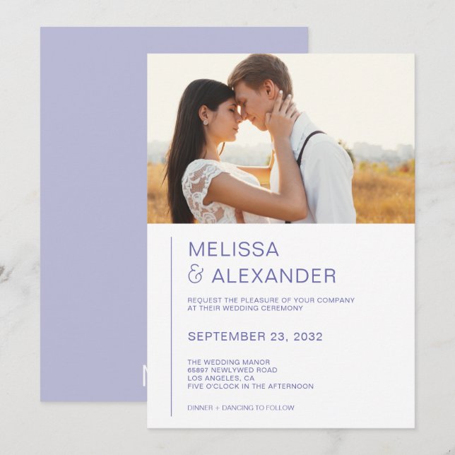 Minimal chic periwinkle photo wedding invitation (Front/Back)