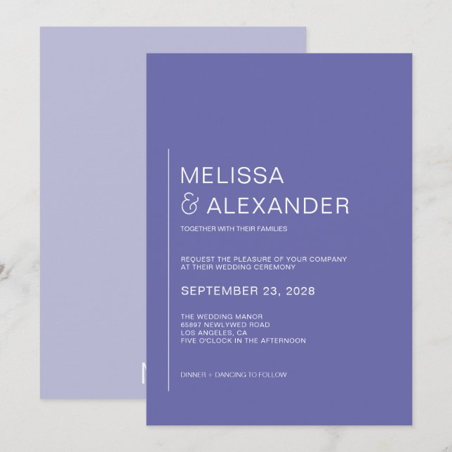 Minimal chic periwinkle white wedding invitation (Front/Back)