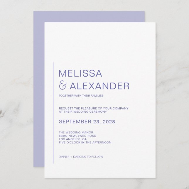 Minimal chic periwinkle white wedding invitation (Front/Back)