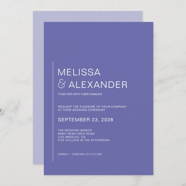 Minimal chic periwinkle white wedding invitation (Front/Back)