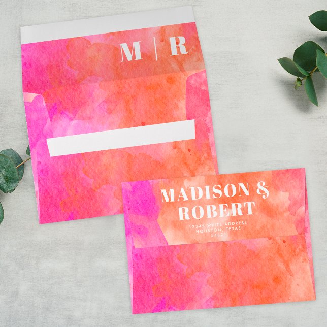 Minimal Chic Pink and Orange Monogram Bold Wedding Envelope (Creator Uploaded)