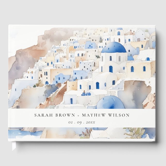Minimal Chic Santorini Greece Watercolor Wedding Guest Book (Front)