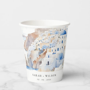 Minimal Chic Santorini Greece Watercolor Wedding Paper Cups
