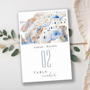 Minimal Chic Santorini Greece Watercolor Wedding Table Number