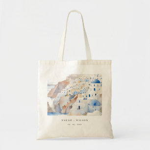 Minimal Chic Santorini Greece Watercolor Wedding Tote Bag