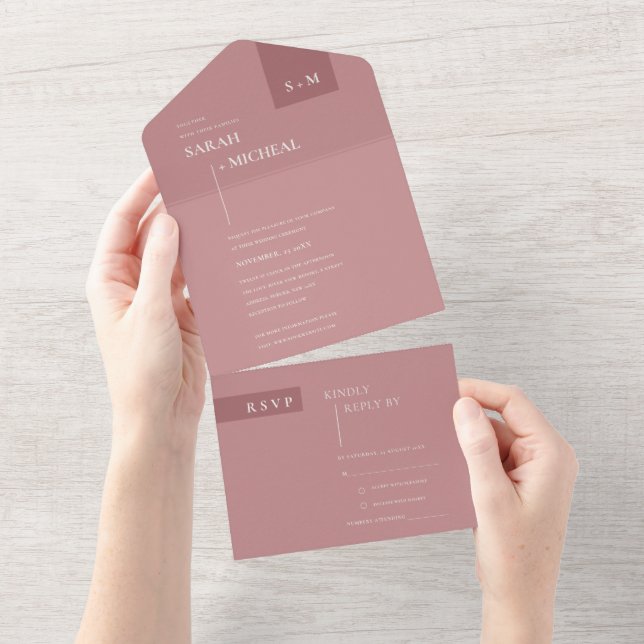 MINIMAL CHIC SCANDI DUSKY ROSE PINK BLUSH WEDDING  ALL IN ONE INVITATION (Tearaway)