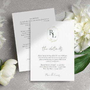 Minimal Chic Wedding White Green Monogram Details  Enclosure Card