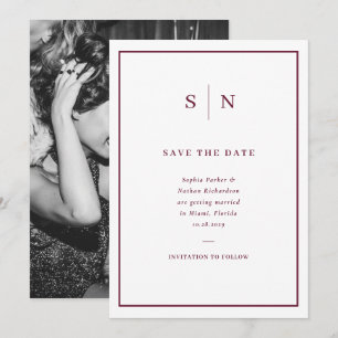 Minimal Chic White and Burgundy Border and Photo Save The Date