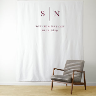 Minimal Chic White and Burgundy Monogram Wedding Tapestry