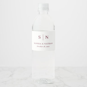 Minimal Chic White and Burgundy Monogram Wedding Water Bottle Label