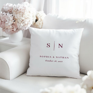 Minimal Chic White and Burgundy Wedding Monogram Cushion
