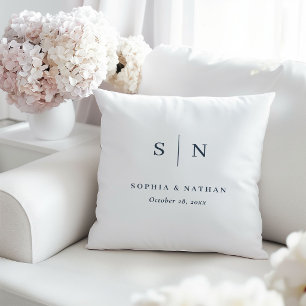 Minimal Chic White and Navy Blue Wedding Monogram Cushion