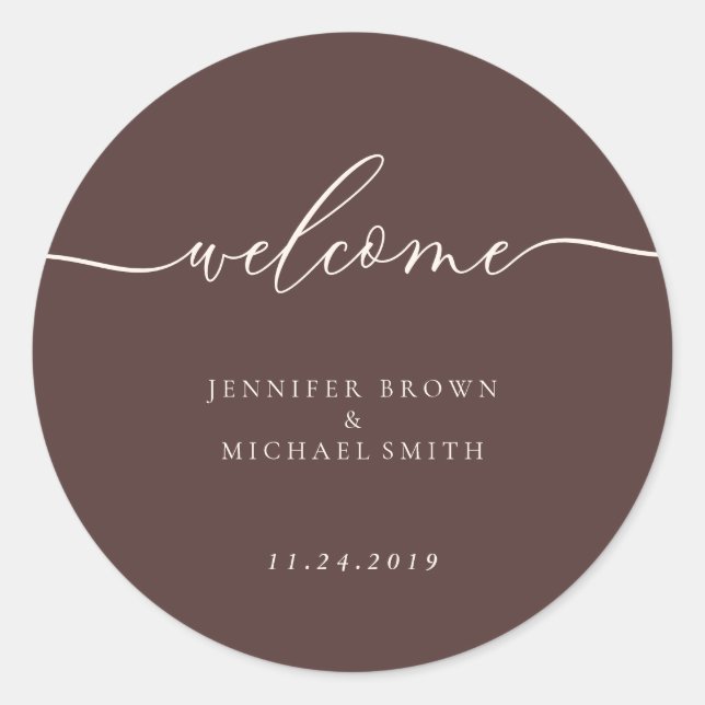 Minimal Chocolate Brown Welcome Classic Round Sticker (Front)
