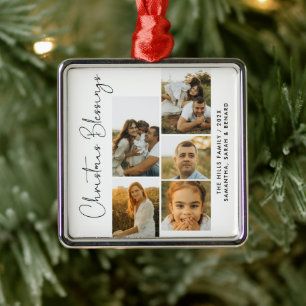 Minimal Christmas Blessings Script Family 5 Photos Metal Tree Decoration