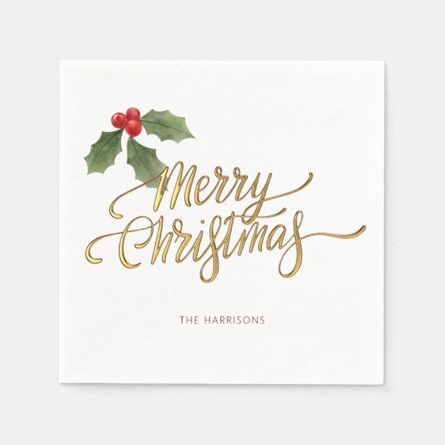 Minimal Christmas Faux Gold Foil Holly Branch Napkin (Front)